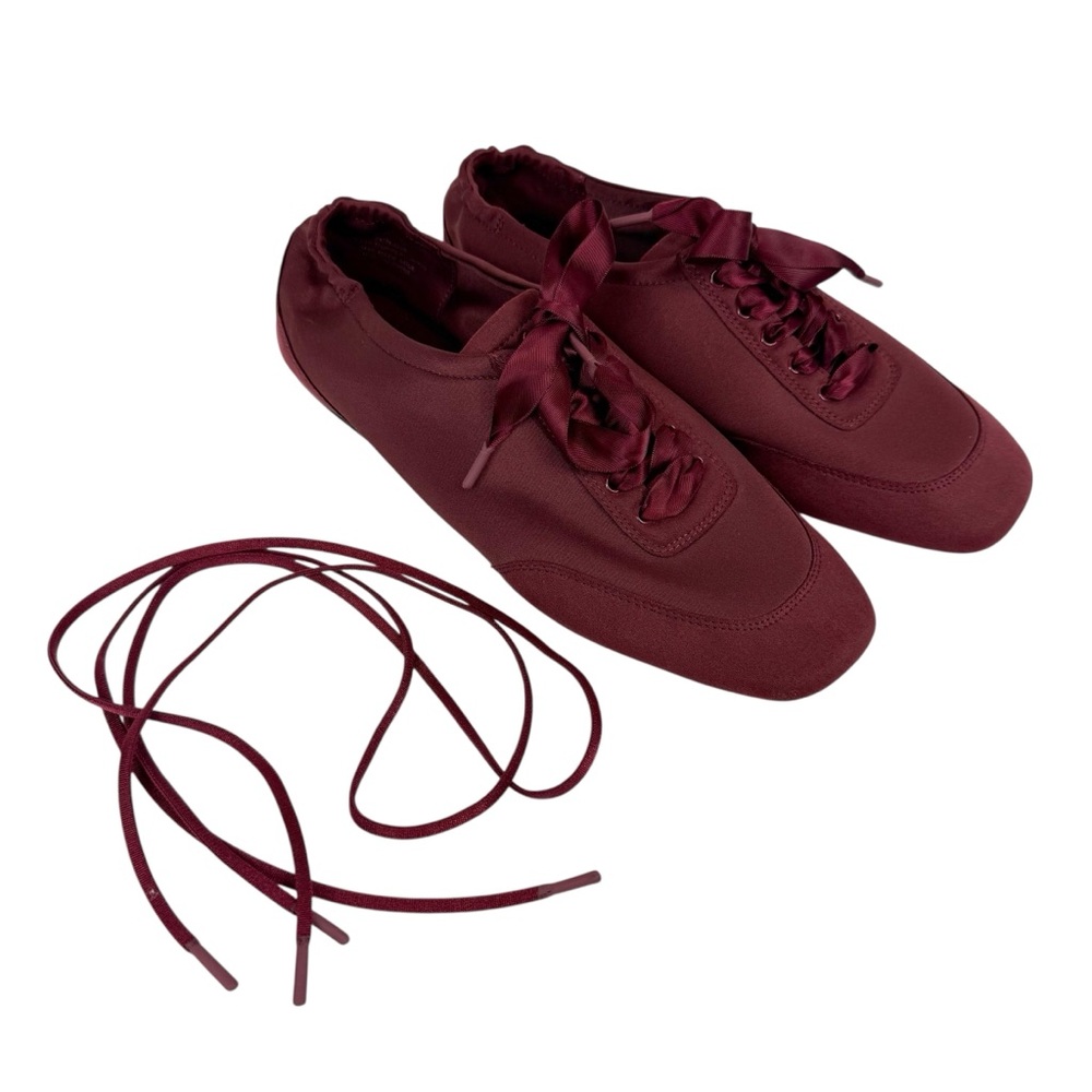 Women's Satin Ribbon Lace-Up Sneakers - Burgundy - Picture 5 of 13